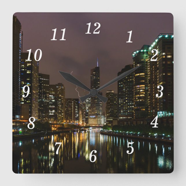 Blitzschlag über die Wall-Uhr des Chicago River Quadratische Wanduhr (Vorderseite)