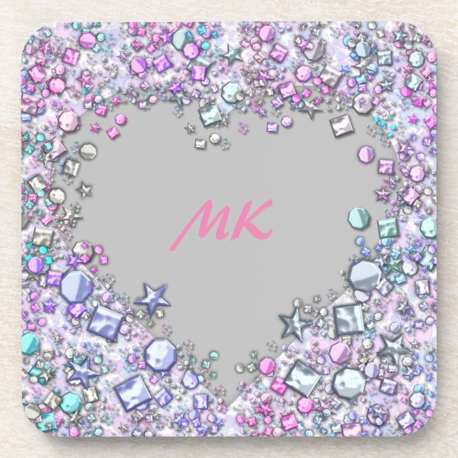 Blitzy & Girly Sequin Glitzer Mit Monogramm Herz Getränkeuntersetzer (Vorderseite)