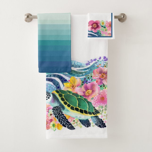 Blizzful Waves & Turtle Anpassbare Handtuchhalter  Badhandtuch Set (Insitu)