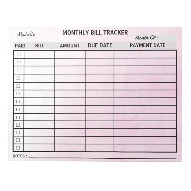 Bloc-note Ajouter votre nom Mois Bill Tracker Aquarelle (Devant)