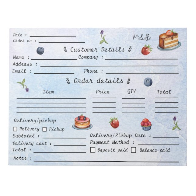 Bloc-note Ajoutez votre nom Formulaire de commande de cupcak (Devant)