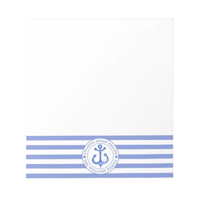 Bloc-note Ancre nautique Marine Bleu rayé Personnalisé (Devant)