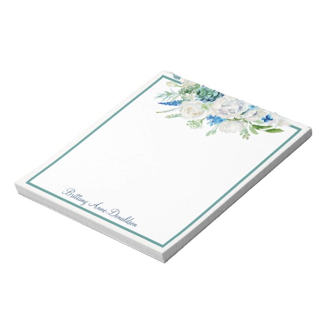 Bloc-note Aquarelle Bleu Blanc Nom Floral Personnaliser (Tourné)