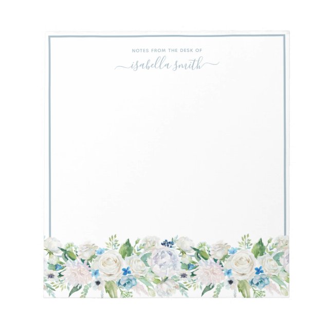 Bloc-note Aquarelle Bleu Duché Floral Romantique Élégant (Devant)