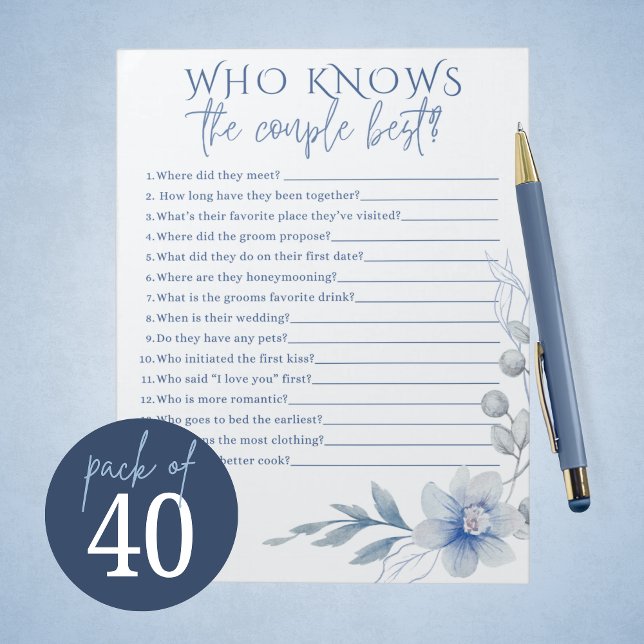 Bloc-note Aquarelle bleu Fleur Couple Meilleur Jeu de Mariag (Stunning Watercolor Blue Flower Who Knows the Couple Best Bridal Game Notepad Pack of 40 Games. )