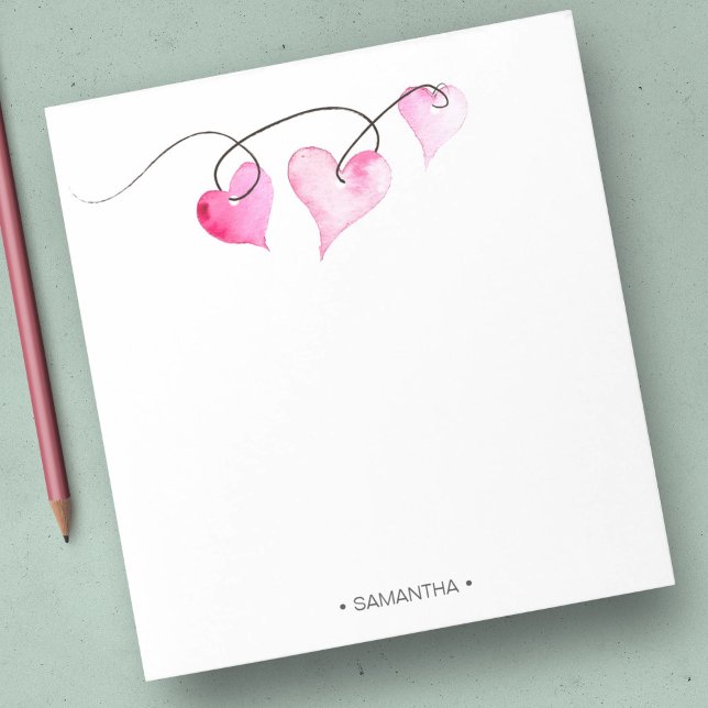 Bloc-note Aquarelle Coeurs roses Papeterie personnalisée (Valentine's personalized notepads features unique hearts watercolor art by Victoria Grigaliunas)