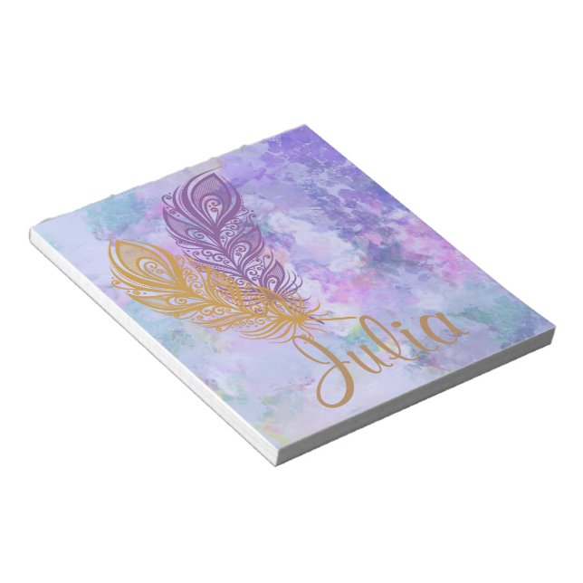 Bloc-note Aquarelle de plumes violet et or Imaginaire (Incliné)
