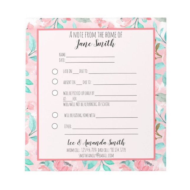 Bloc-note Aquarelle Florale Note de l'école Excusez 1 enfant (Devant)