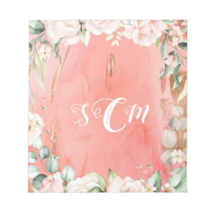 Bloc-note Aquarelle Florale Peach Or Rose Élégant Monigramme