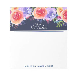 Bloc-note Aquarelle moderne Roses Floral Bouquet Bleu Bordur