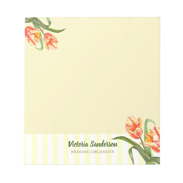 Bloc-note Aquarelle Parrot Jaune Tulipes Floral Art Stripes (Devant)