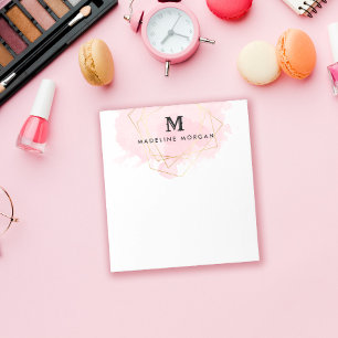 Bloc-note Aquarelle rose Faux or Monogramme géométrique