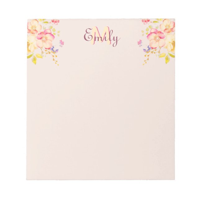 Bloc-note Aquarelle rose Roses jaunes sur noir, Monogramme (Devant)