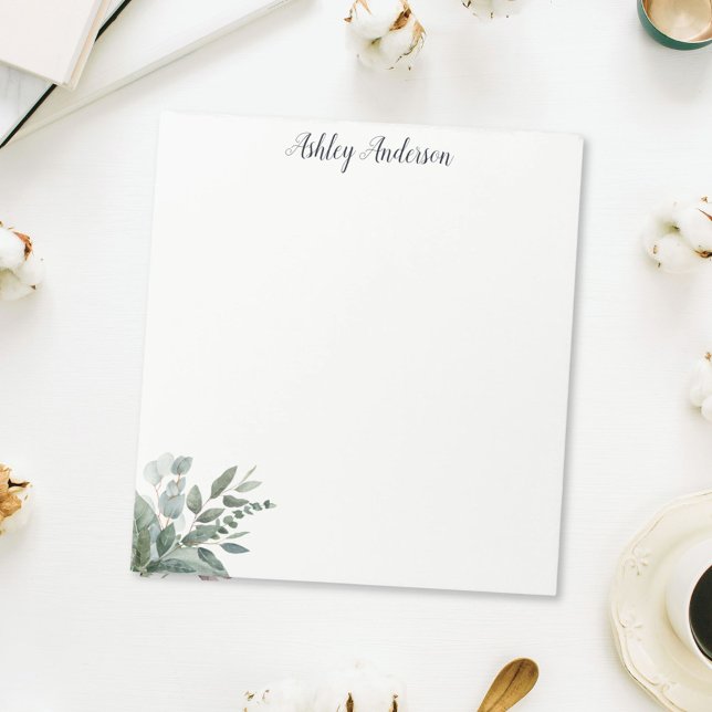 Bloc-note Aquarelle Tropical Green Sage Eucalyptus Feuilles (In situ On desk)