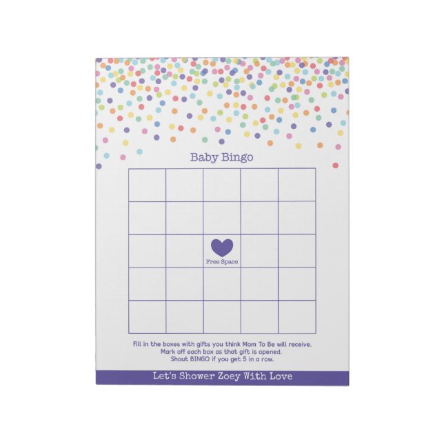 Bloc-note Baby Bingo Confetti Thème Baby shower Jeu (Tourné)