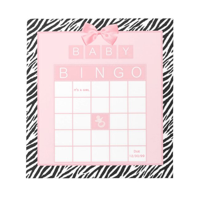 Bloc-note Baby Girl Douche Bingo Ruban rose Zèbre Imprimer (Devant)