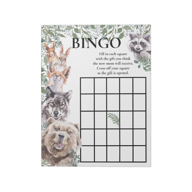 Bloc-note Baby shower Bingo Bois Animaux Aquarelle  (Tourné)