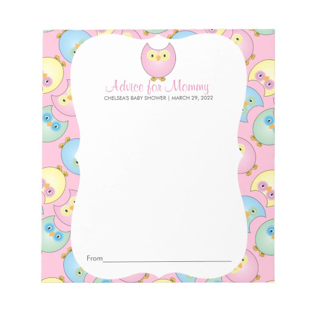 Bloc-note Baby shower de hibou rose Pastel - Conseil (Devant)