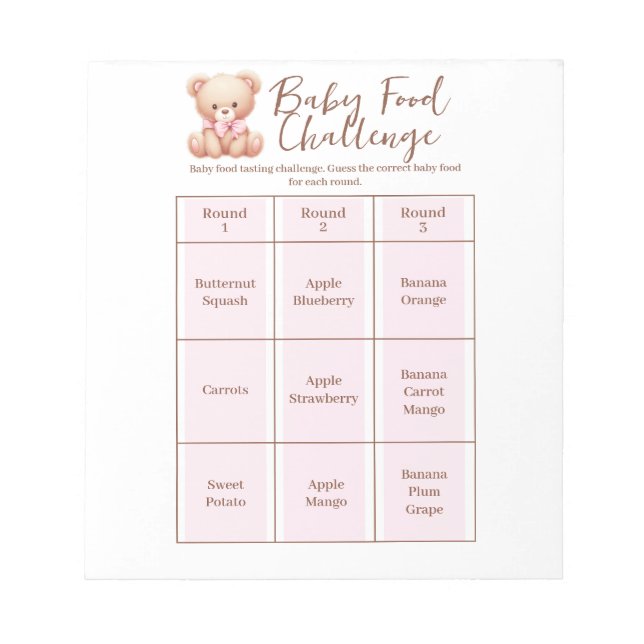 Bloc-note Baby shower Food Challenge Activité de jeu Bloc-no (Devant)