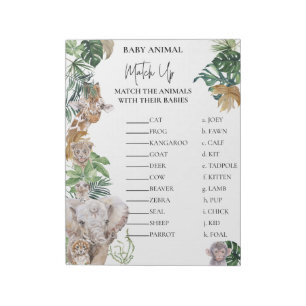 Bloc-note Baby shower Jungle Safari Animaux Match Up jeu
