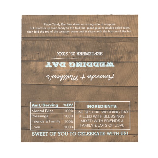 Bloc-note Barnwood Lights Aqua Wedding Favor Candy Wrappers (Devant)