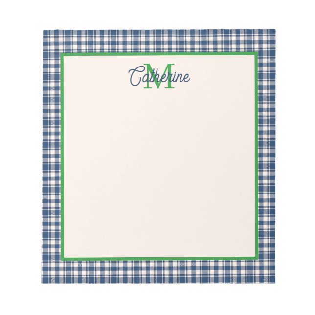 Bloc-note Blue and Green Gingham Plaid Tartan Monogram (Devant)