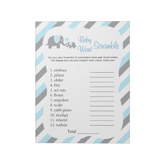 Bloc-note Blue, White & Grey Elephant Baby shower Word Jeu (Tourné)