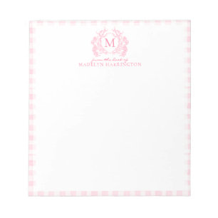 Bloc-note Blush Rose Gingham Floral Armoiries Monogramme