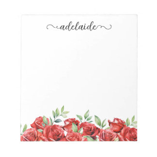 Bloc-note Bordure florale de roses rouges à l'aquarelle Nom 