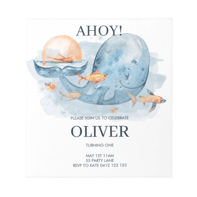 Bloc-note BUDGET Cute Aquarelle Baleine Invitation d'anniver (Devant)