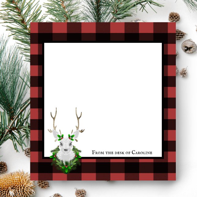 Bloc-note Buffle de rennes de fête Plaid personnalisé (Black and Red Festive Reindeer Buffalo Plaid Personalized Notepad)