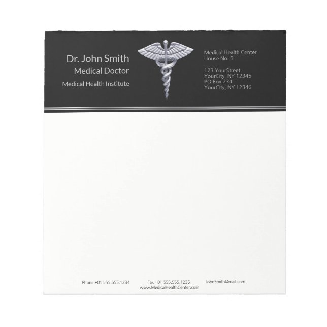 Bloc-note Caducée Médicale Silver Classy sur Noir (Devant)