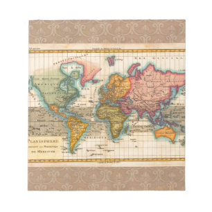 Bloc-note Carte du Monde 1780 Bonne Antique Planisphère