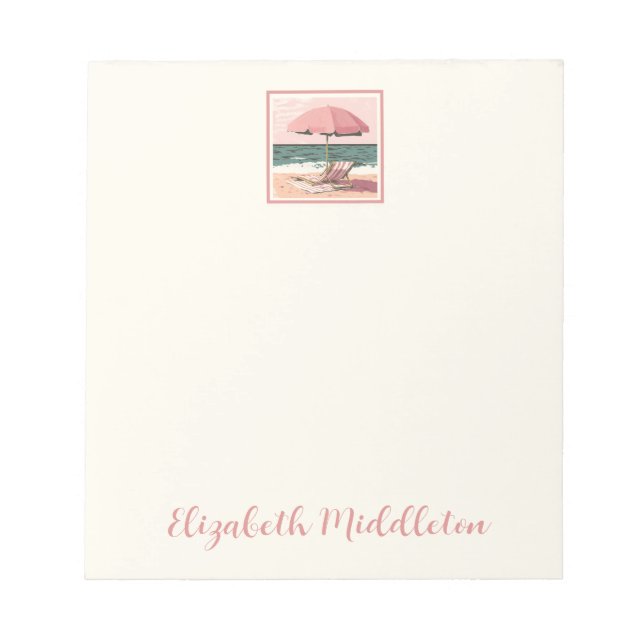 Bloc-note Chaise de plage rose et crème et parapluie (Devant)