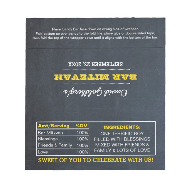 Bloc-note Chalkboard Gold Bar Mitzvah Candy Wrappers (Devant)