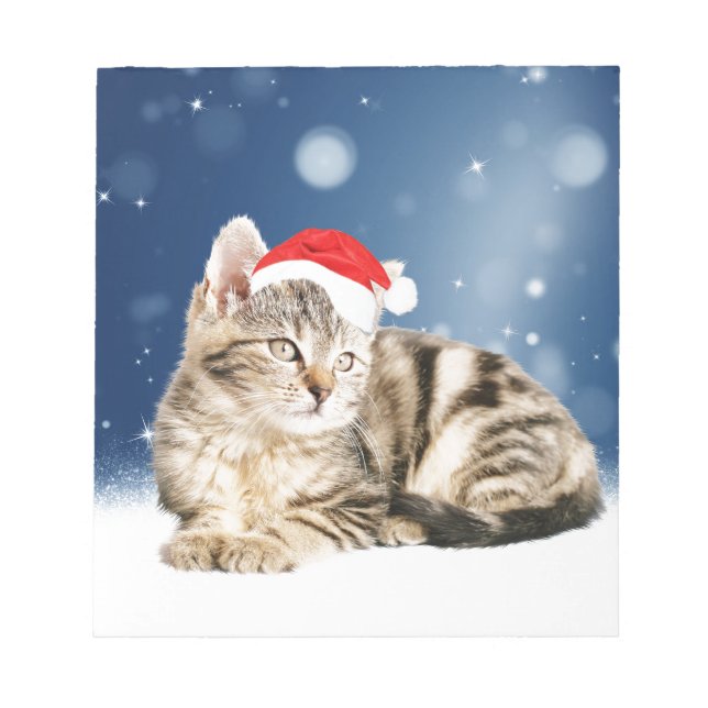 Bloc-note Chat mignon portant chapeau de Noël rouge neige (Devant)