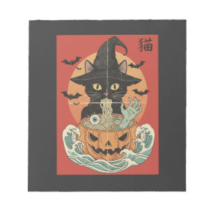 Bloc-note Chat noir mange du ramen japonais pour Halloween
