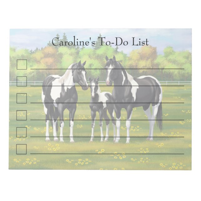 Bloc-note Chevaux De Peinture De Pinto Noir En Pâturage Été (Devant)