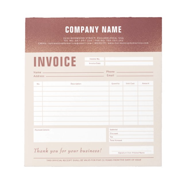 Bloc-note Chic Logo Personnalisé Rose Gold Foil Formulaire d (Devant)
