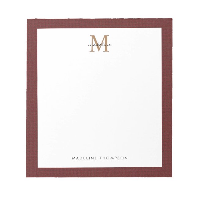 Bloc-note Chic Script élégant Tweed Red Gold Monogramme (Devant)