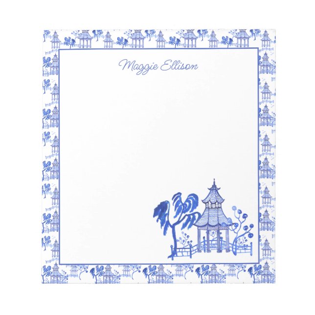 Bloc-note Chinoiserie Aquarelle Pagode Bleue (Devant)