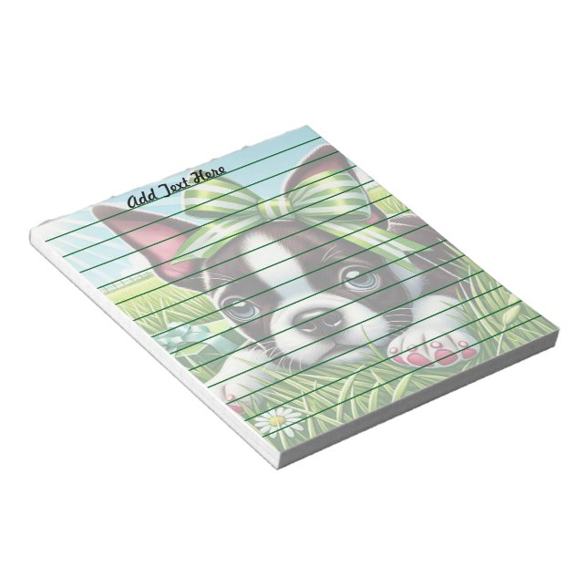 Bloc-note Chiot de Boston Terrier personnalisé avec Bow vert (Incliné)