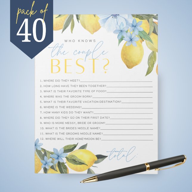 Bloc-note Citron Qui Connaît Le Couple Meilleur Pack De Jeux (Main Squeeze Lemon and Blue Flower Who Knows the Couple Best Bridal Shower Game Pack of 40 Games)