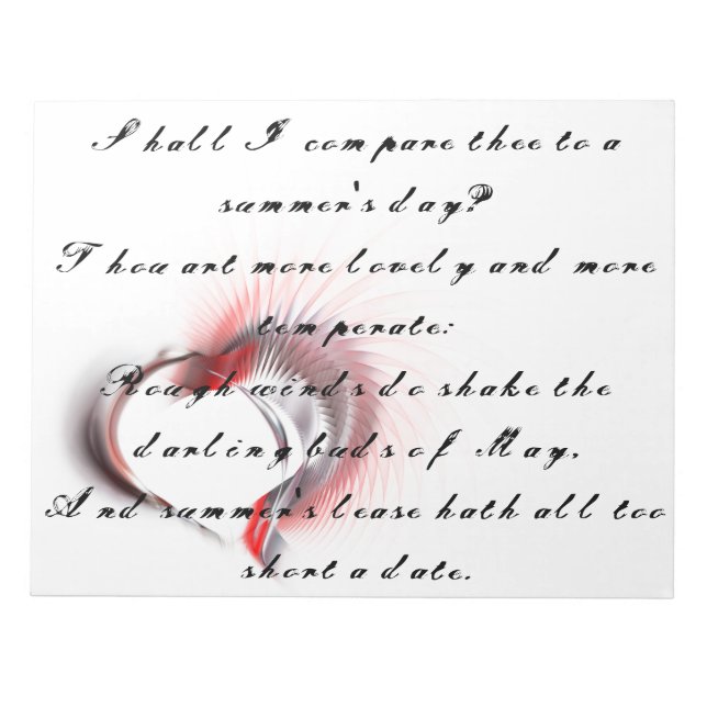 Bloc-note Coeur métallique avec sonnet de Shakespeare 18 (Devant)