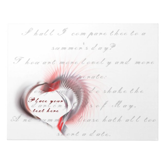 Bloc-note Coeur métallique avec sonnet de Shakespeare 18 (Devant)