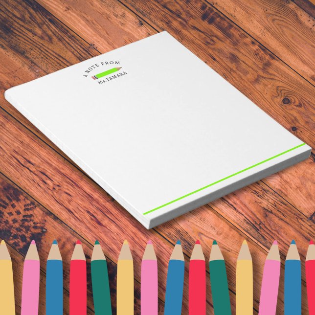 Bloc-note Crayon Vert Cute Du Nom De L'Enseignant Personnali (Cute Green Pencil  From Personalized Teacher Name naotepad)