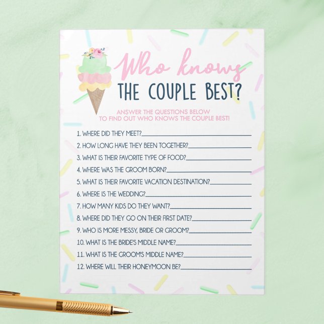 Bloc-note Crème De Glace Qui Connaît Le Couple Meilleur Pack (Who Knows the Couple Best Ice Cream Scooped Up Bridal Shower Game Pack of 40 Answer Sheets)