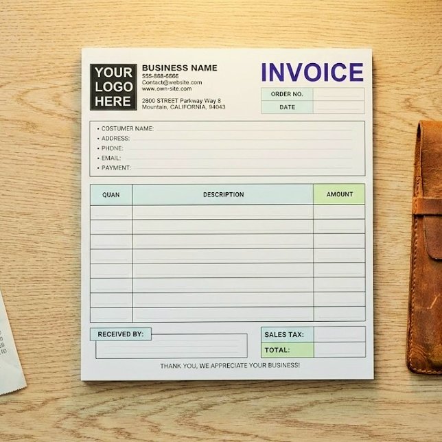 Bloc-note Custom Business Sales Invoice Forms, Company Logo (custom carbonless invoice forms)