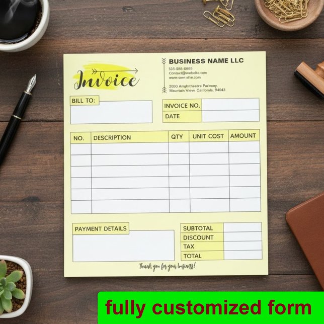 Bloc-note Custom Invoice Receipt, Yellow Small Business Name (professional sales book, custom business forms, yellow invoice pad)