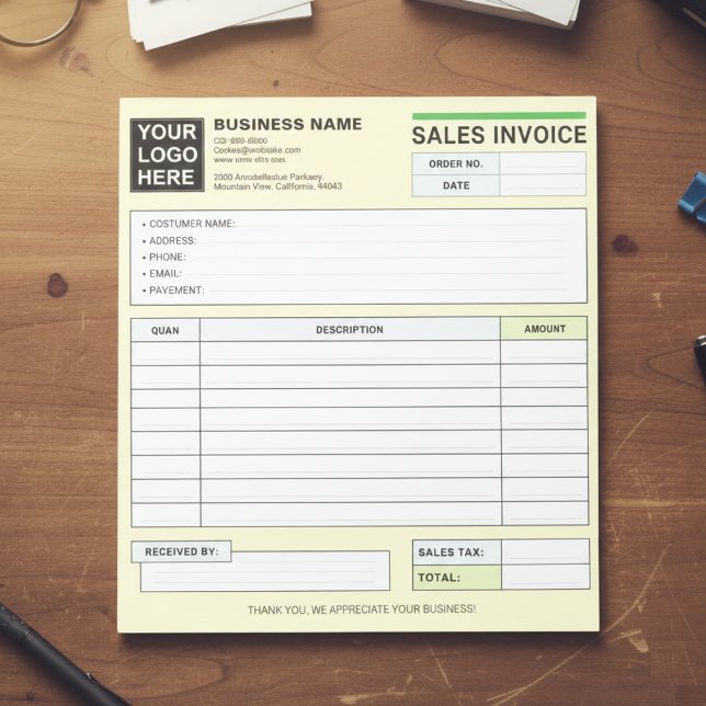 Bloc-note Custom Logo, Sales Invoice Receipt Small Business  (Sales Invoice Receipt | Company / Business Name)